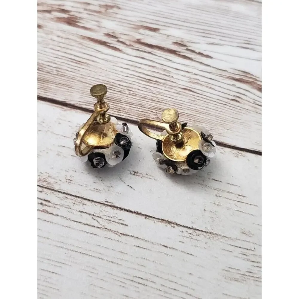 Vintage Screw Back Earrings Black & White Sequin Cluster Just Over 0.5